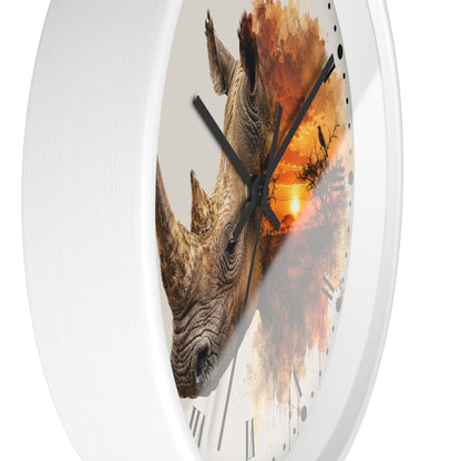 Rhino Sunset Wall Clock with Roman Numerals — Safari Wildlife Decor