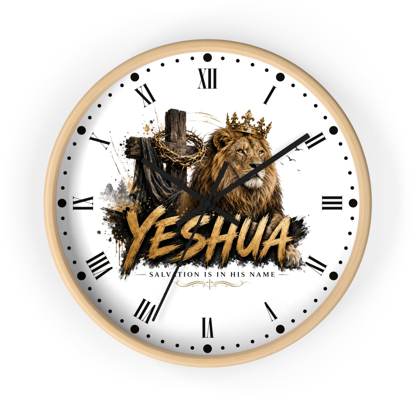 A round wall clock with a light wood frame and a white face featuring a lion wearing a crown, a wooden cross with chains, and the word 'YESHUA' in large gold letters. Roman numerals and black hands are visible on the clock.
