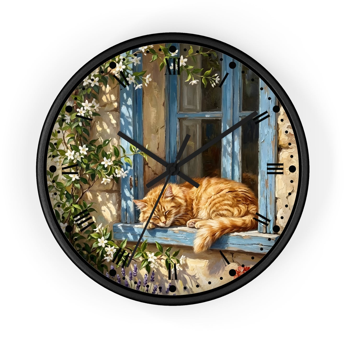 Round wall clock with a black frame and a printed illustration of an orange tabby cat sleeping on a blue window sill, surrounded by climbing white flowers and green leaves. The clock face has a warm beige background with black Roman numerals and black hands.