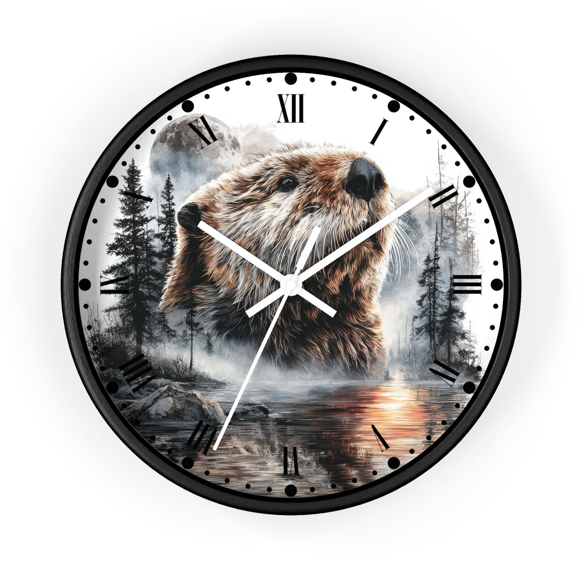 Round wall clock with a black frame and a printed nature scene featuring a beaver in a forest by water, with Roman numerals and white hands on a white background.