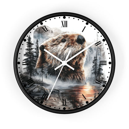 Round wall clock with a black frame and a printed nature scene featuring a beaver in a forest by water, with Roman numerals and white hands on a white background.