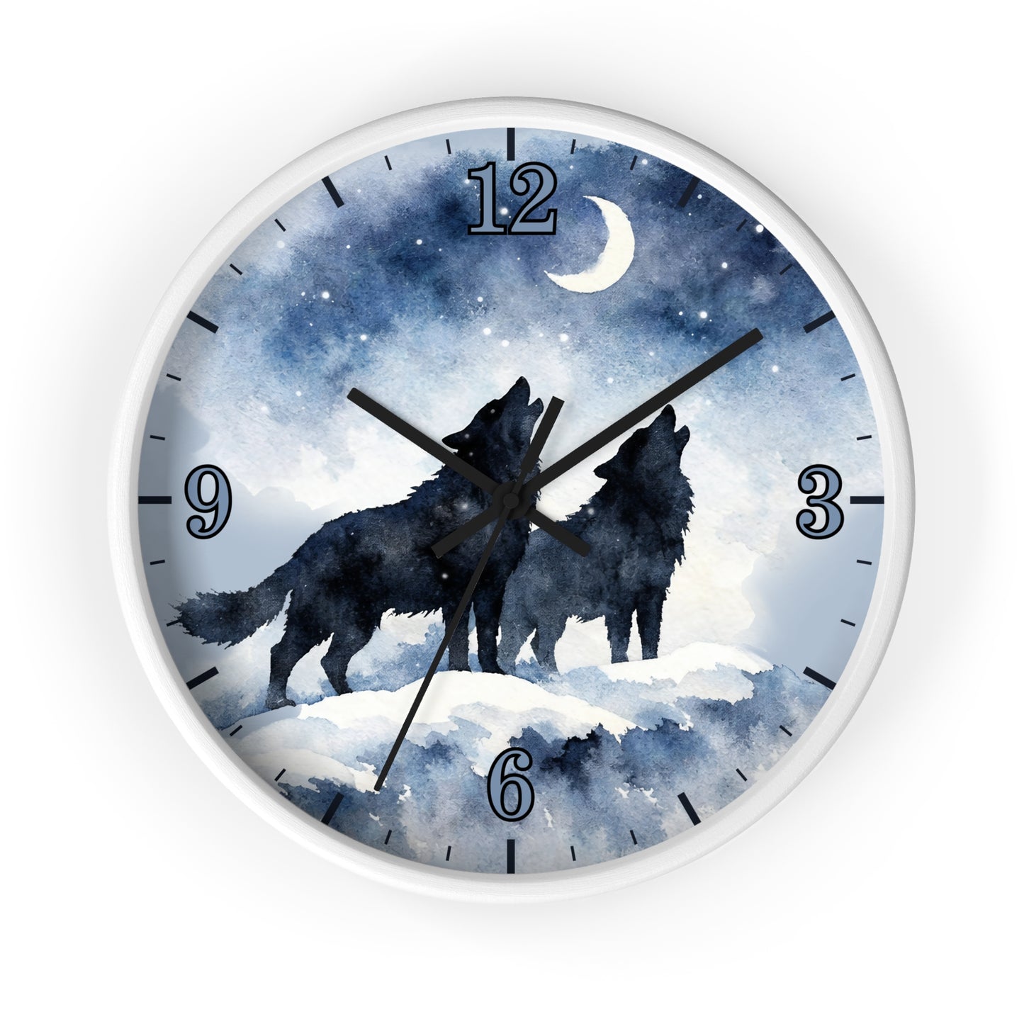Round wall clock with a white frame and a printed night sky face showing two black howling wolves under a crescent moon and stars. Black Arabic numerals mark the hours, and the clock is centered on a light gray background.