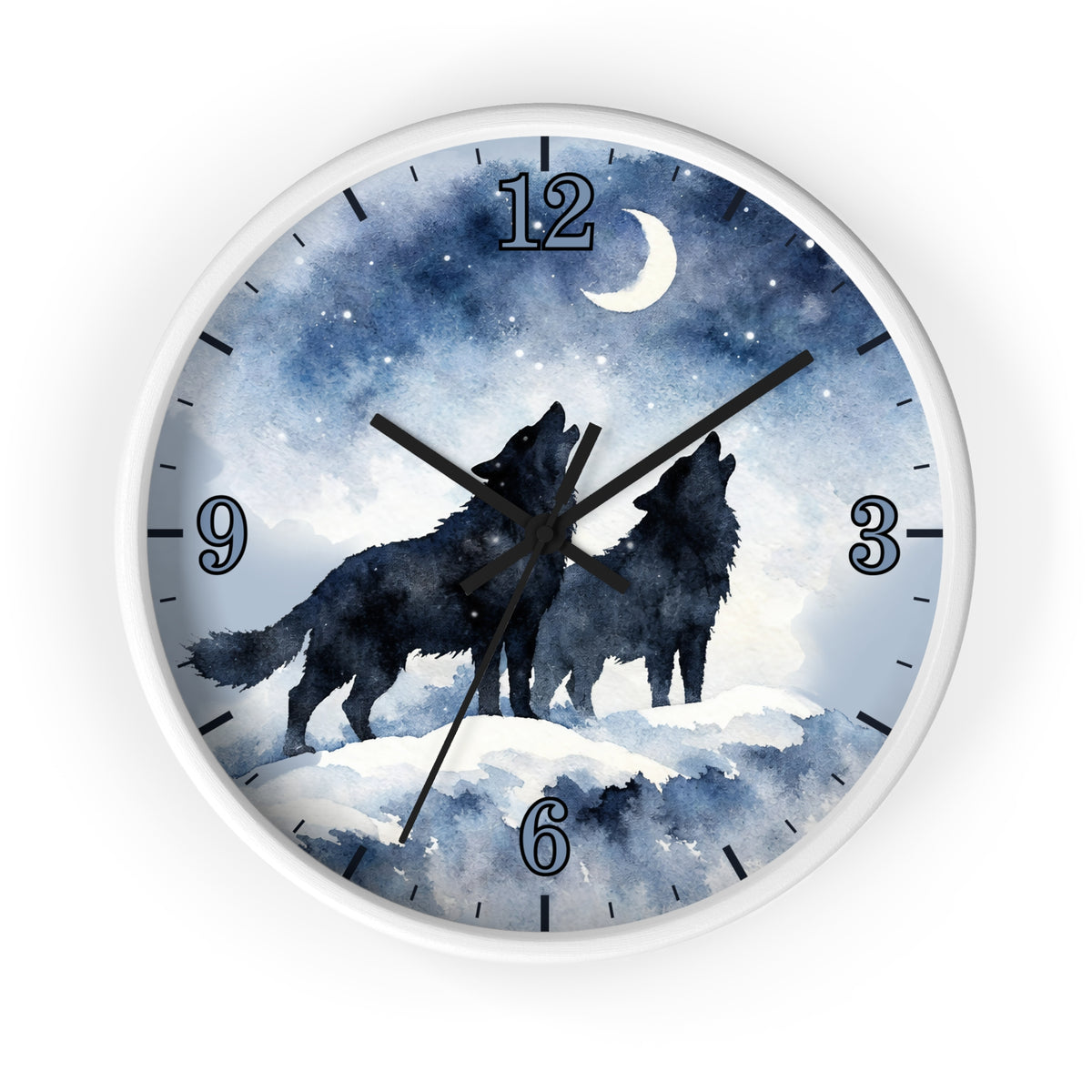 Round wall clock with a white frame and a printed night sky face showing two black howling wolves under a crescent moon and stars. Black Arabic numerals mark the hours, and the clock is centered on a light gray background.