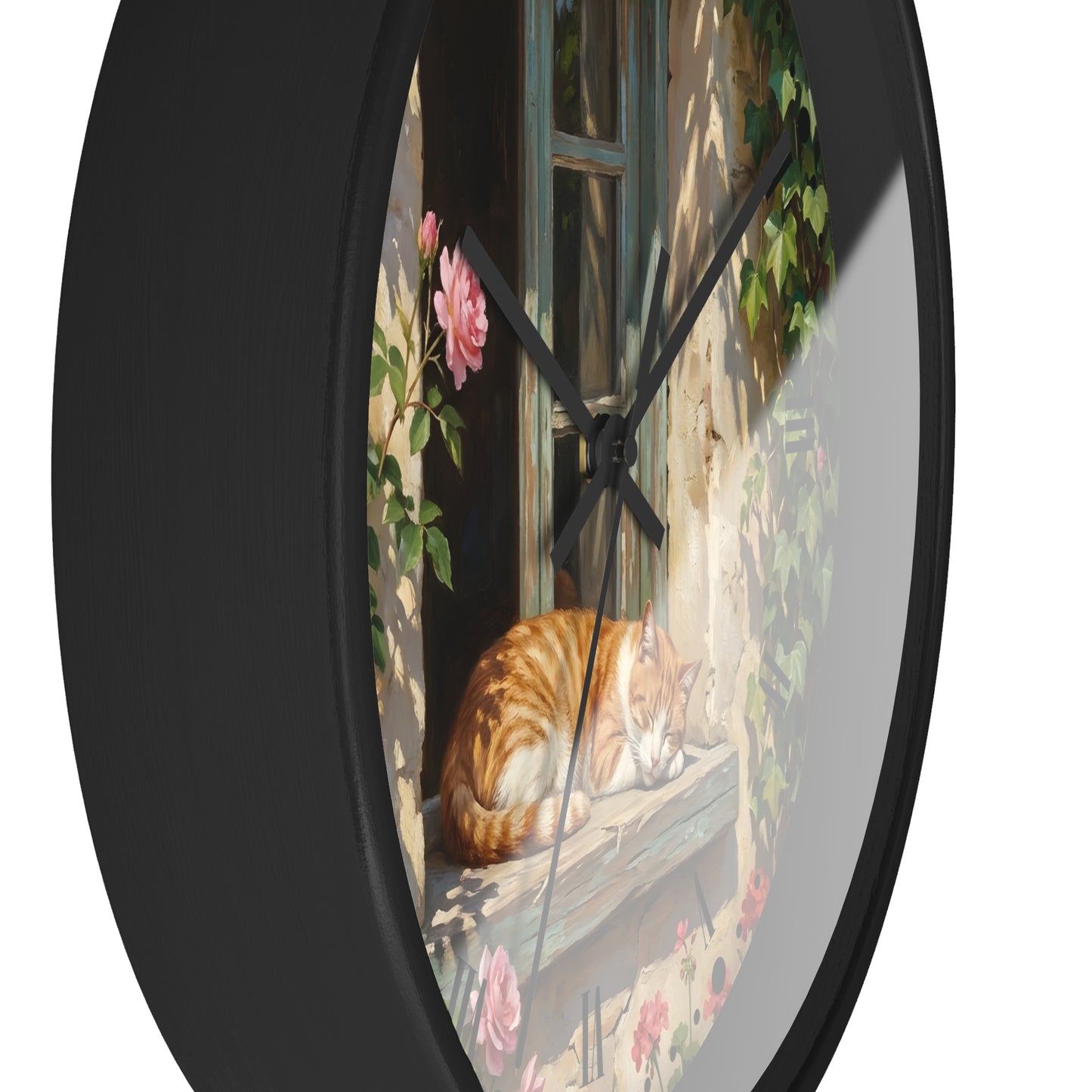 Orange & White Cat Napping Garden Wall Clock — Vintage Floral Window Scene