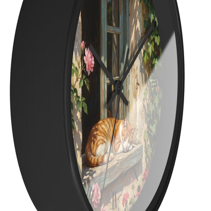 Orange & White Cat Napping Garden Wall Clock — Vintage Floral Window Scene