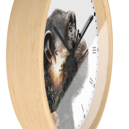 Round wall clock with a light natural wood frame and a white face featuring a detailed chimpanzee portrait with a scenic landscape reflection.