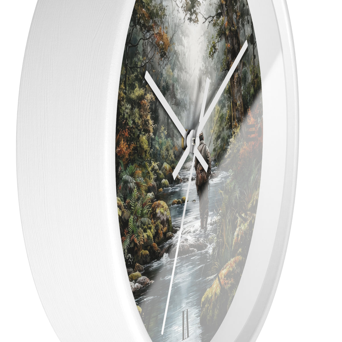 Round wall clock with a white frame and a printed nature scene on the face showing a forest stream and waterfall, with white hands on a white background.