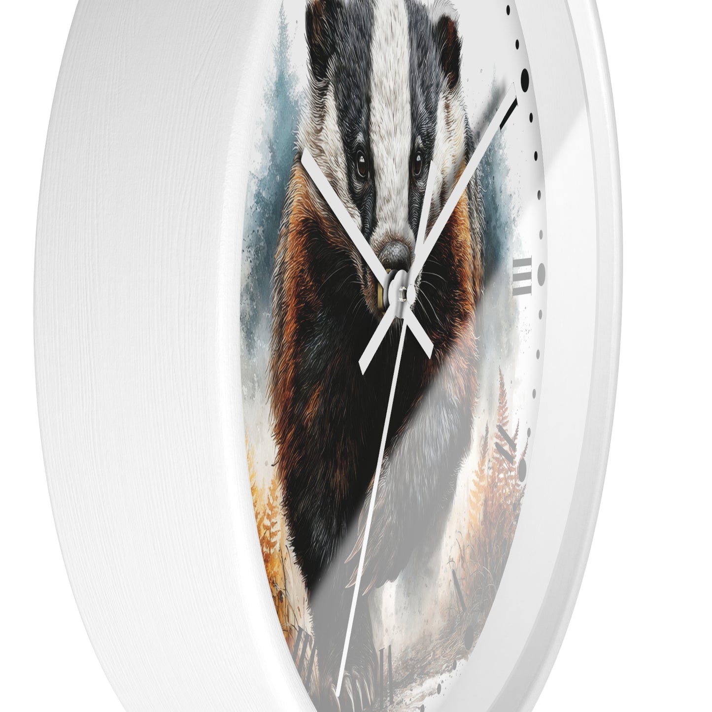A round white wall clock featuring a printed illustration of a badger on the face, with white hands and black Roman numerals, shown against a plain white background.