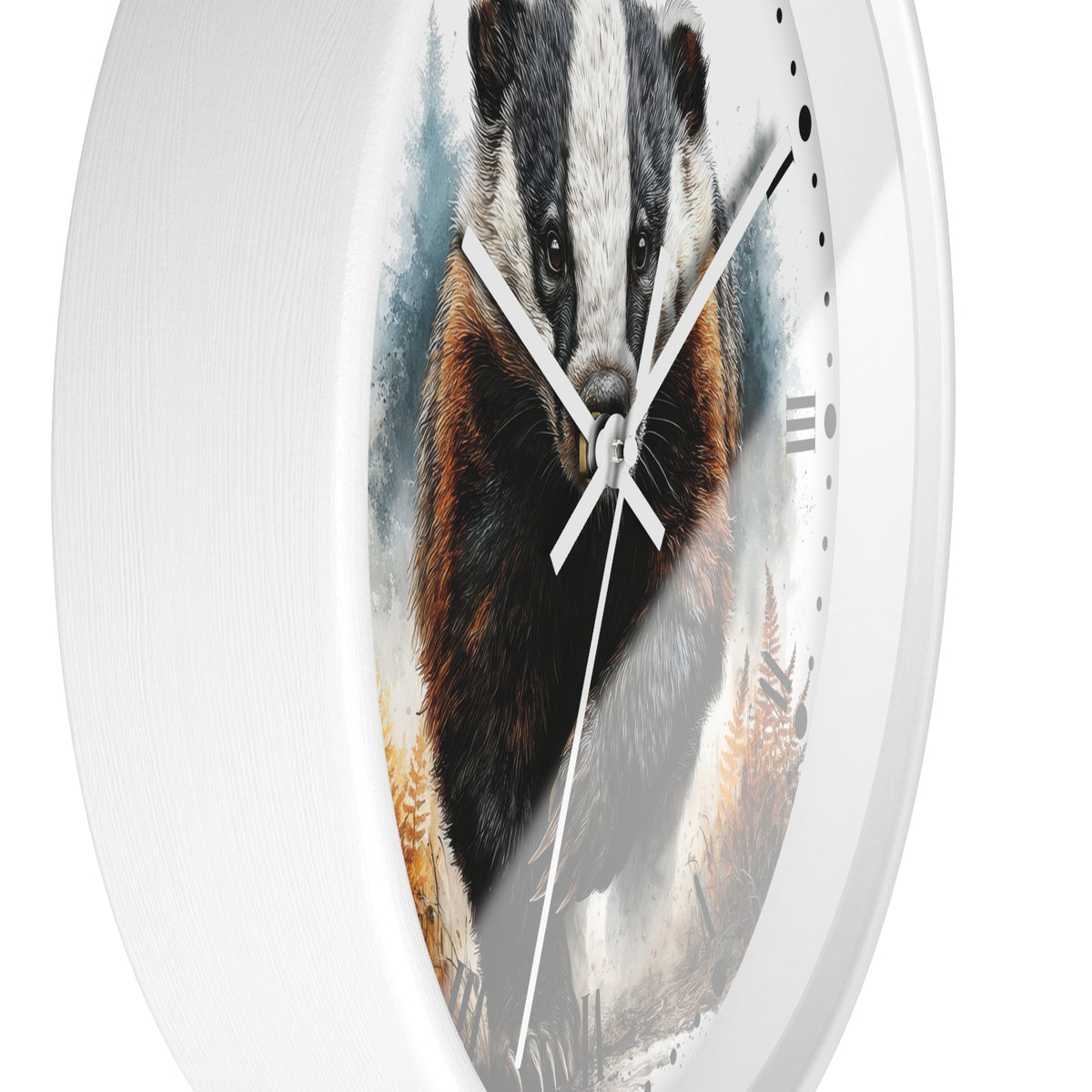 A round white wall clock featuring a printed illustration of a badger on the face, with white hands and black Roman numerals, shown against a plain white background.