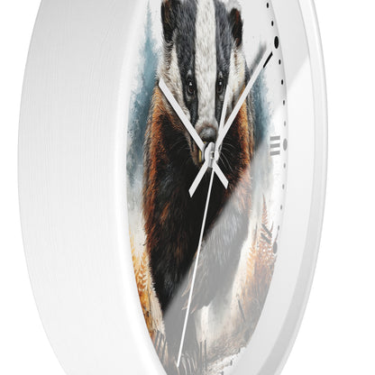 A round white wall clock featuring a printed illustration of a badger on the face, with white hands and black Roman numerals, shown against a plain white background.
