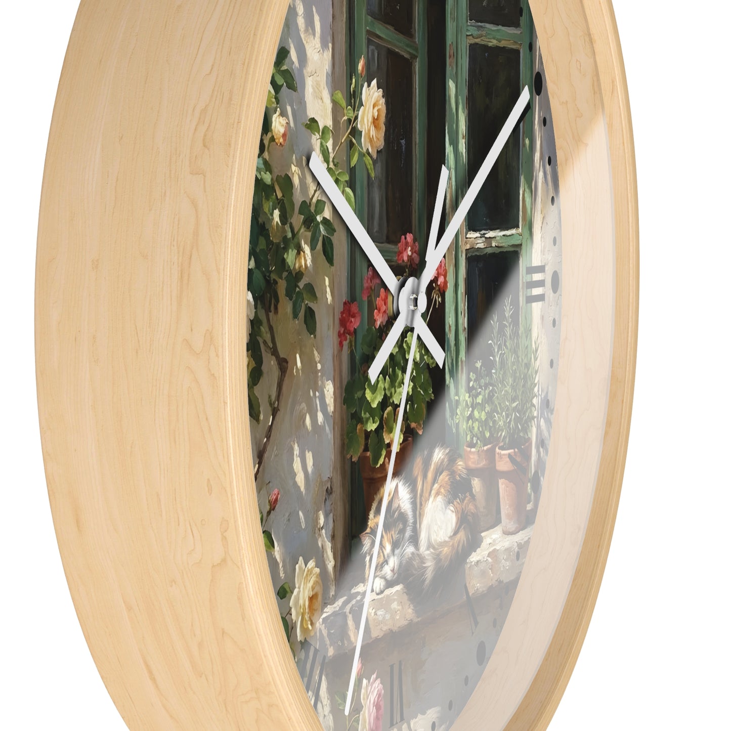 Round wall clock with a light natural wood frame and a printed scenic insert showing a sunlit window, climbing flowers, and a cat, with white hands.