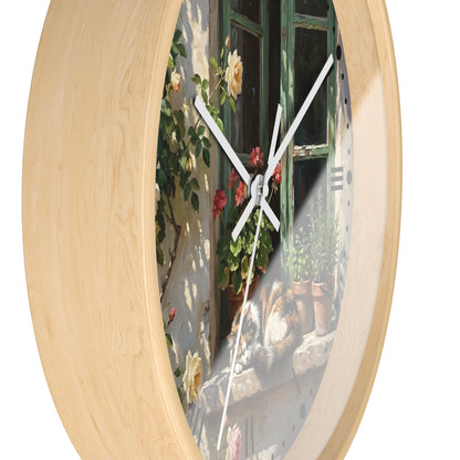 Round wall clock with a light natural wood frame and a printed scenic insert showing a sunlit window, climbing flowers, and a cat, with white hands.