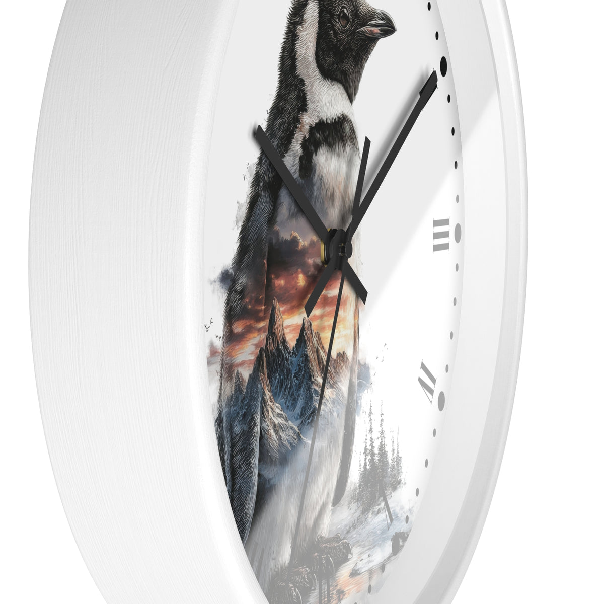 A white round wall clock with a printed penguin and mountain landscape design on the face, shown against a plain white background.