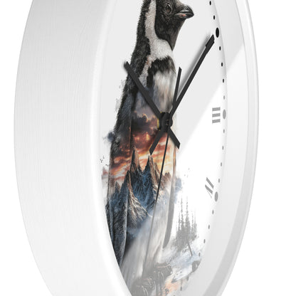 A white round wall clock with a printed penguin and mountain landscape design on the face, shown against a plain white background.