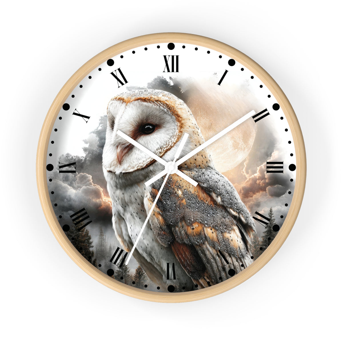 A round wall clock with a light wood frame and a printed owl scene on the face. The dial shows black Roman numerals, black dot hour markers, white clock hands, and a dramatic owl over cloudy sky artwork.