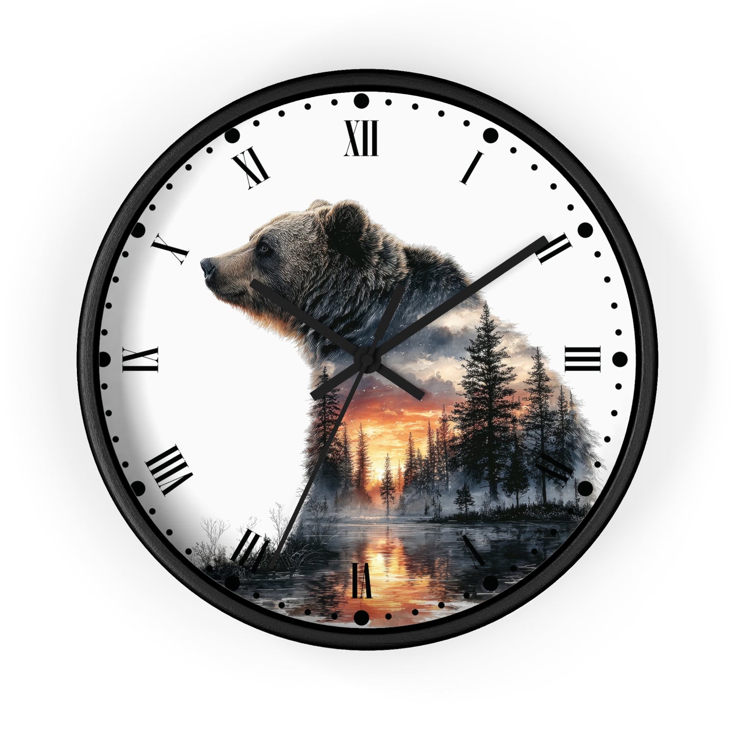 Bear Silhouette Wall Clock — Mountain Sunset Forest Double Exposure Decor