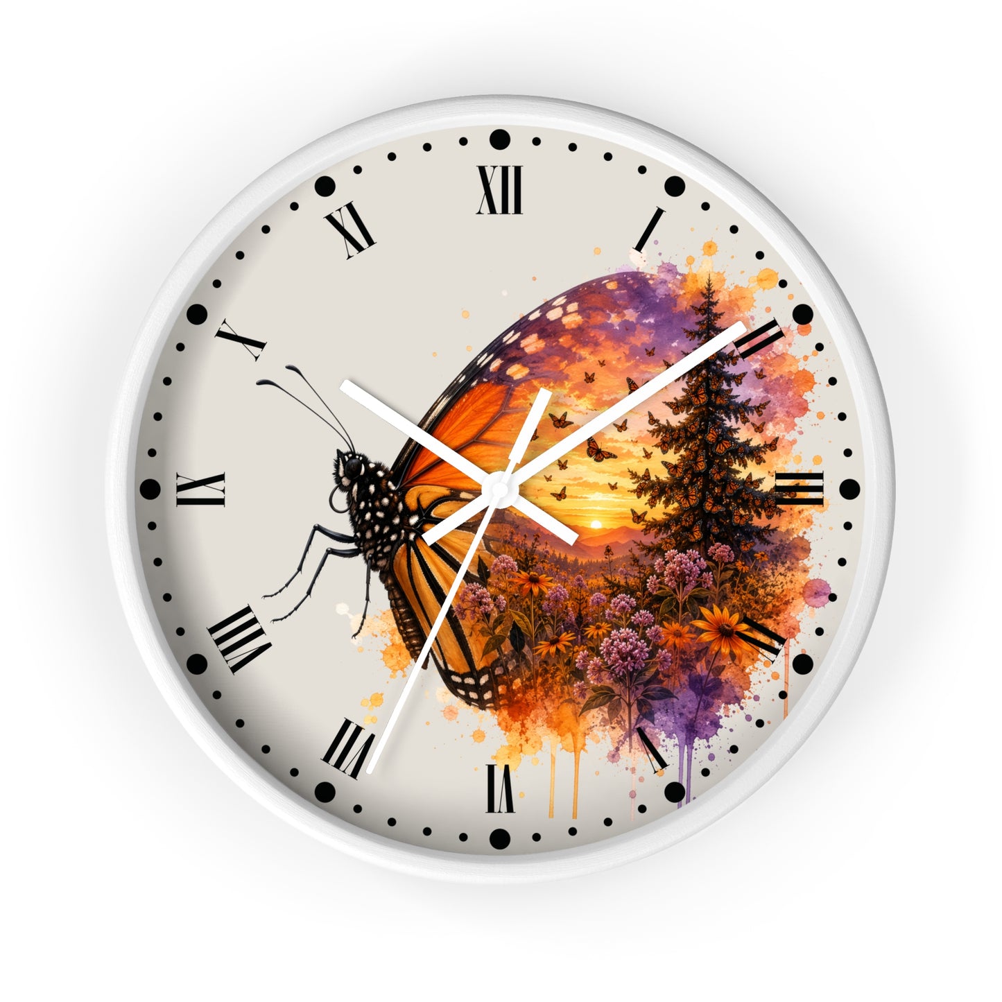A round wall clock with a white frame and a cream-colored face, featuring a watercolor-style design of a monarch butterfly over a sunset landscape with trees and flowers. The clock has black Roman numerals and white hands.