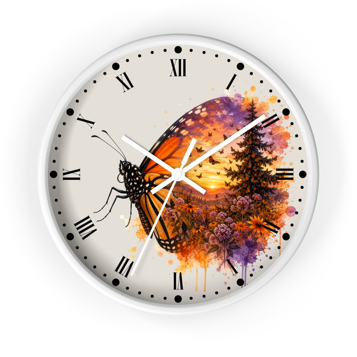A round wall clock with a white frame and a cream-colored face, featuring a watercolor-style design of a monarch butterfly over a sunset landscape with trees and flowers. The clock has black Roman numerals and white hands.