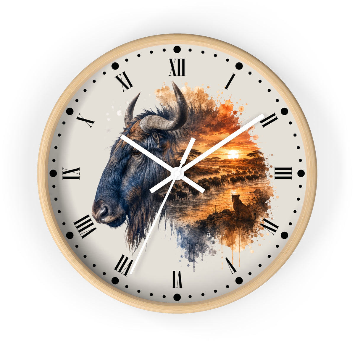A round wall clock with a light wood frame and a cream-colored face, featuring a watercolor-style design of a bison on the left and an orange sunset landscape on the right. The clock has black Roman numerals, black dot hour markers, and white hands.