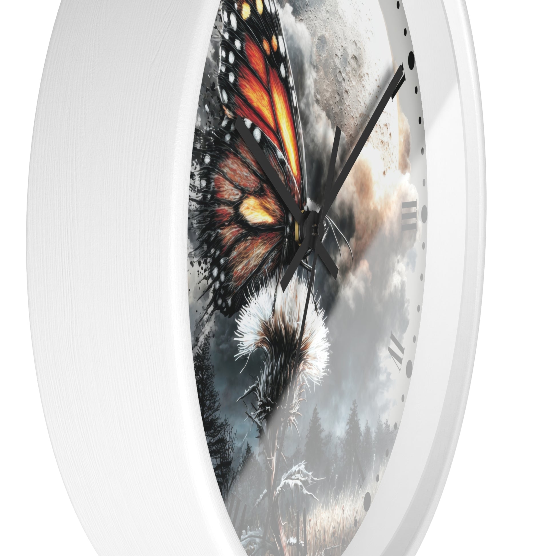 A white round wall clock with a printed dial featuring a monarch butterfly over a dandelion and a cloudy sky.