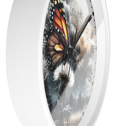 A white round wall clock with a printed dial featuring a monarch butterfly over a dandelion and a cloudy sky.