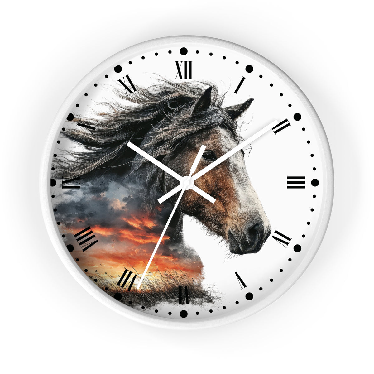 A round wall clock with a white frame and a printed horse head design over a dramatic sunset sky on the clock face. The clock has black Roman numerals and hour markers with white hands, shown against a plain white background.