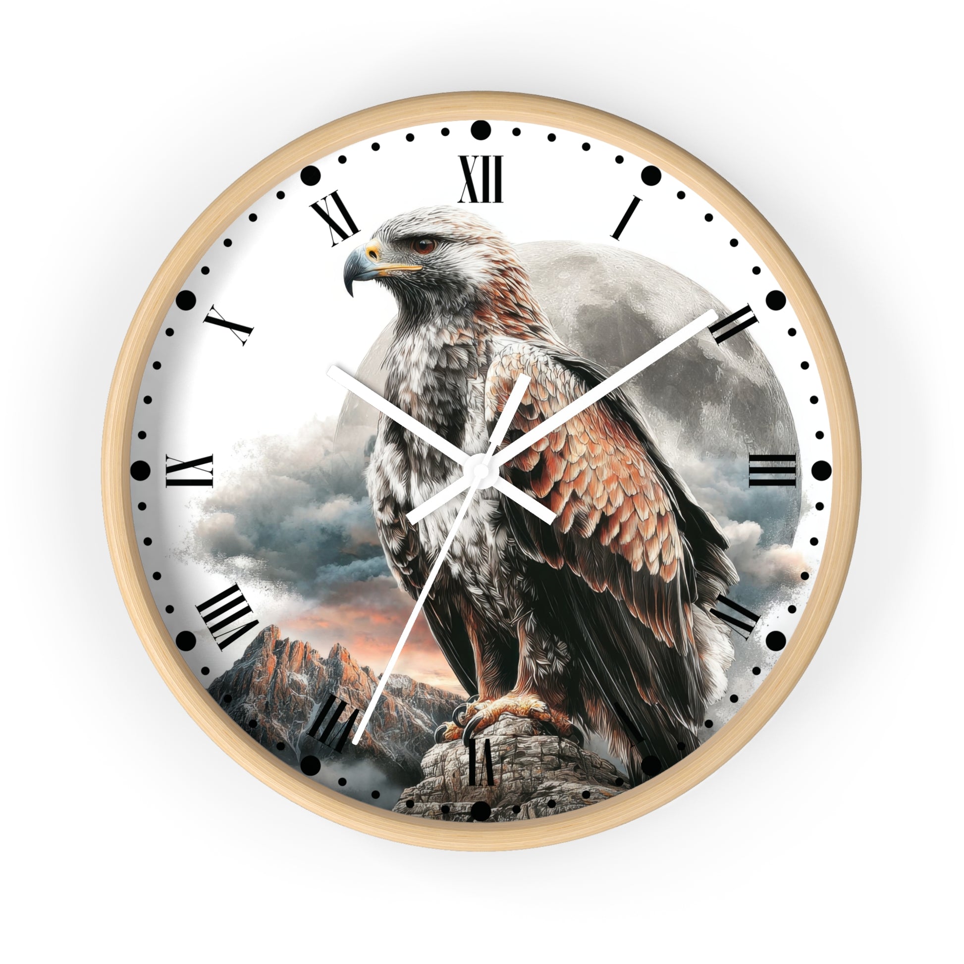 Round wall clock with a light wood frame and a printed design of a large brown and white eagle perched on a rocky cliff under a cloudy sky, with black Roman numerals and white hands on a white face.