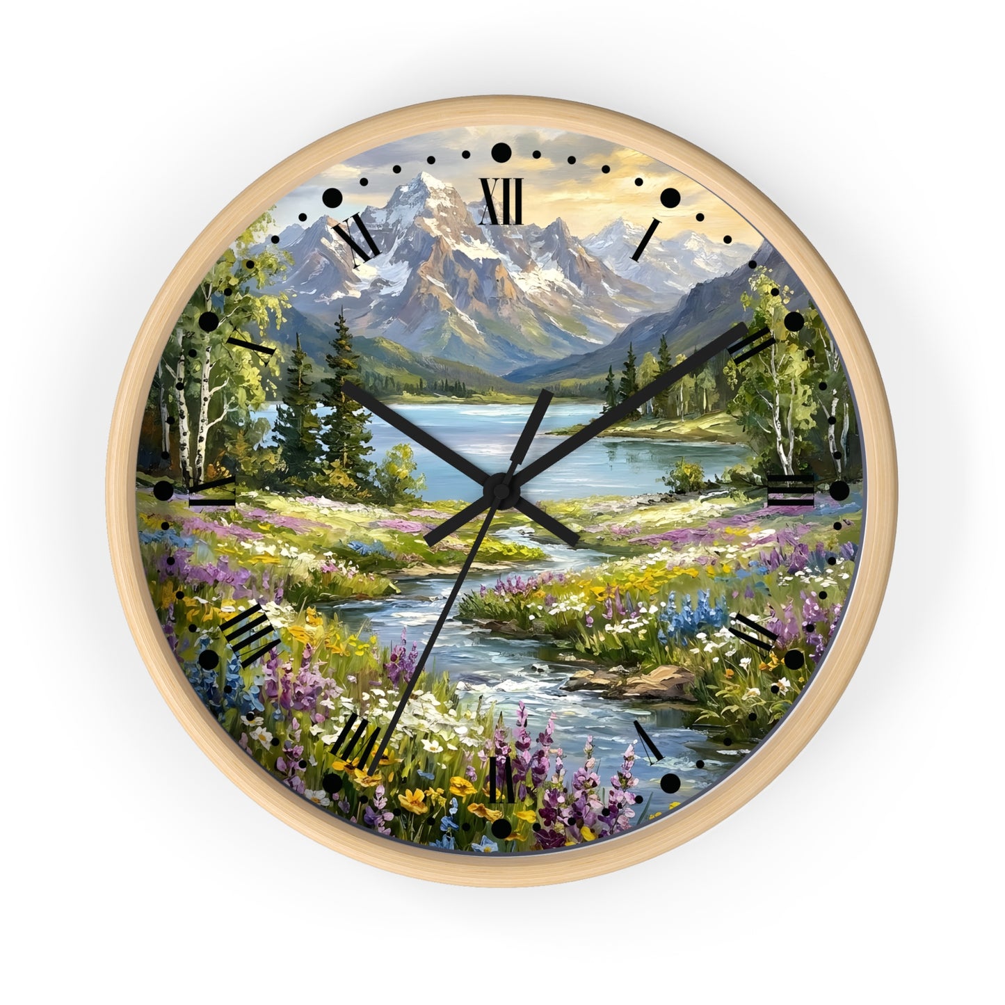 A round wall clock with a light wood frame and a scenic landscape print featuring mountains, a lake, trees, and a wildflower meadow. The clock face has black Roman numerals and black hands on a white background.