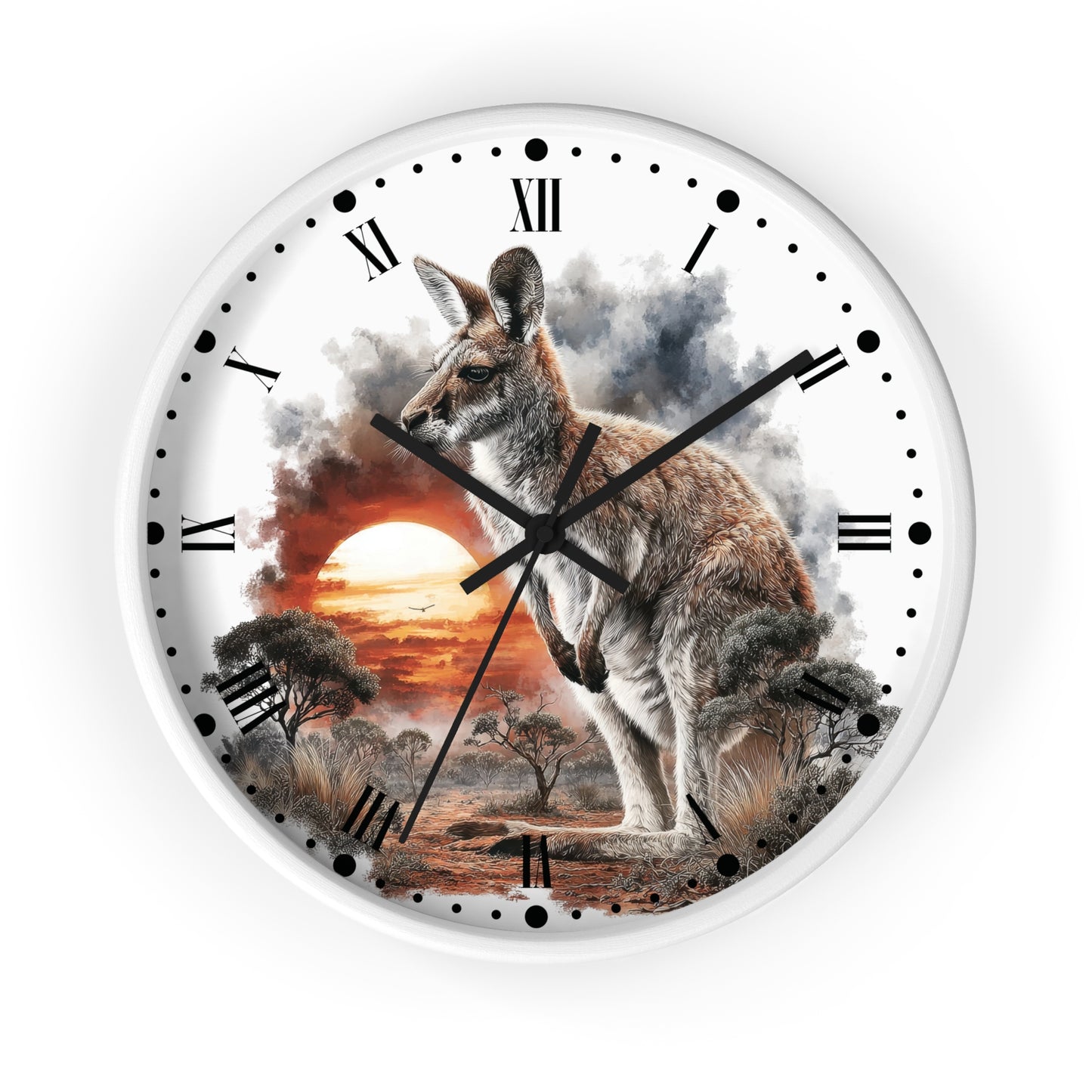 A round wall clock with a white frame and a printed scenic design featuring a kangaroo in front of a dramatic sunset over a landscape, with black Roman numerals and hands on a white background.