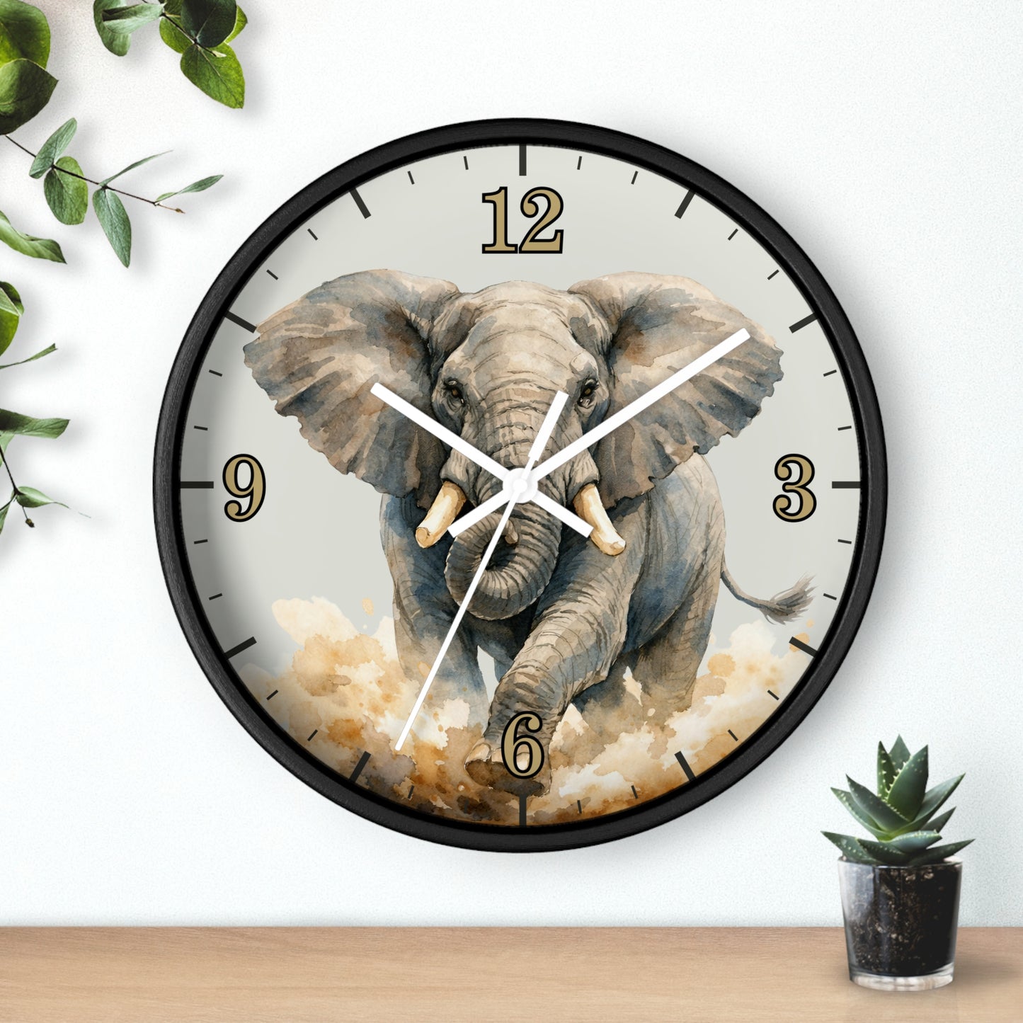 Charging Africn Elephant Wall Clock — Majestic Watercolor Safari Home Décor