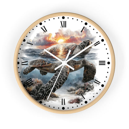 A round wall clock with a light wood frame and a printed ocean scene featuring a sea turtle swimming toward a sunset. The clock face has Roman numerals and black dot hour markers, with white clock hands.