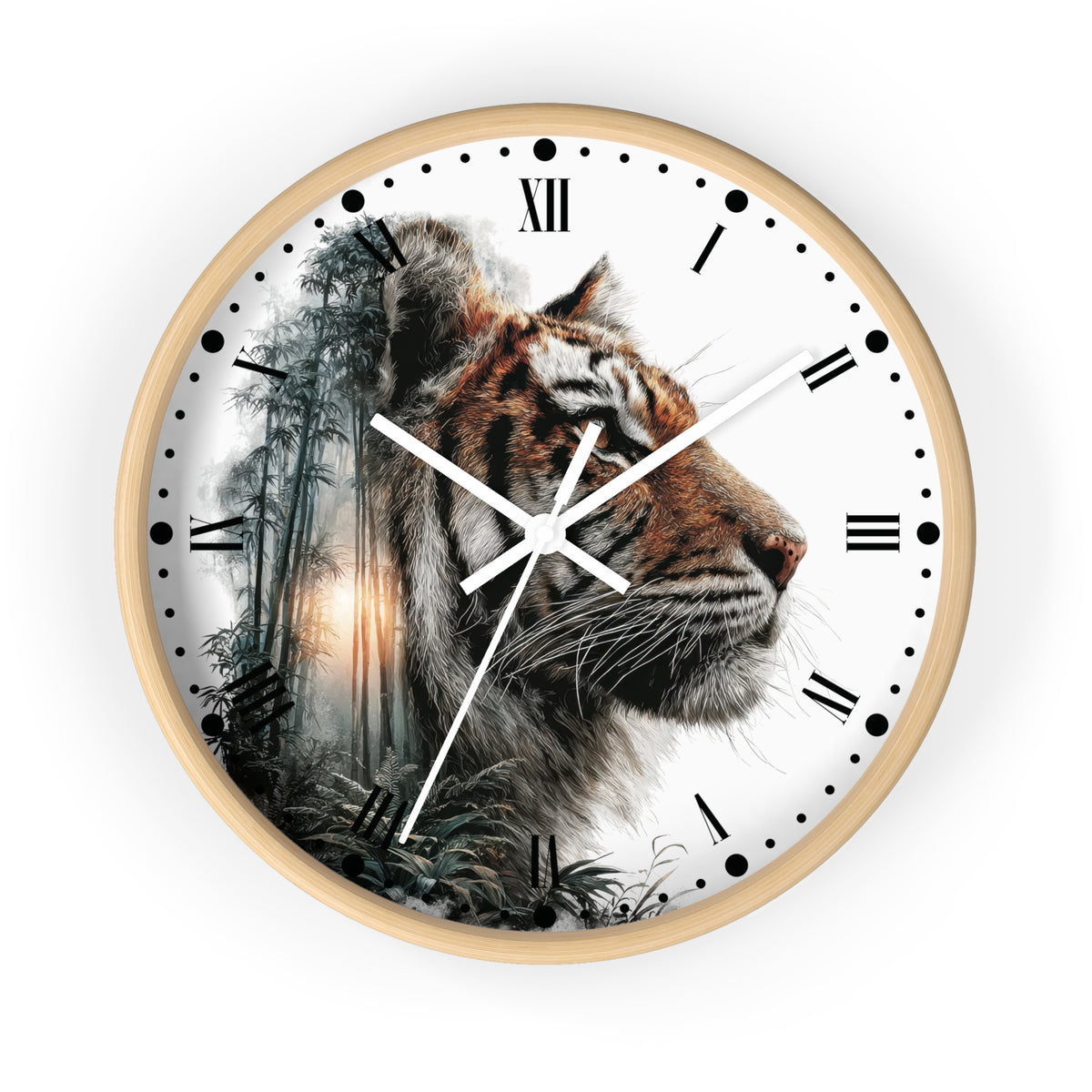 A round wall clock with a light wood frame and a white face featuring a detailed tiger portrait over a misty forest scene. The clock uses black Roman numerals and hour markers with white and black hands, shown against a plain white background.
