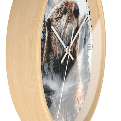 Round wall clock with a light natural wood frame and a printed beaver and forest scene on the face, shown against a plain white background.
