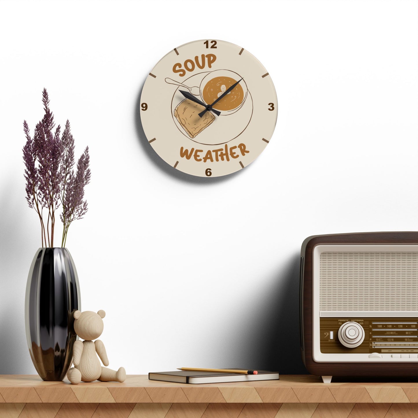 Soup Weather Acrylic Wall Clock — Cozy Kitchen Clock with Soup & Bread Illustration
