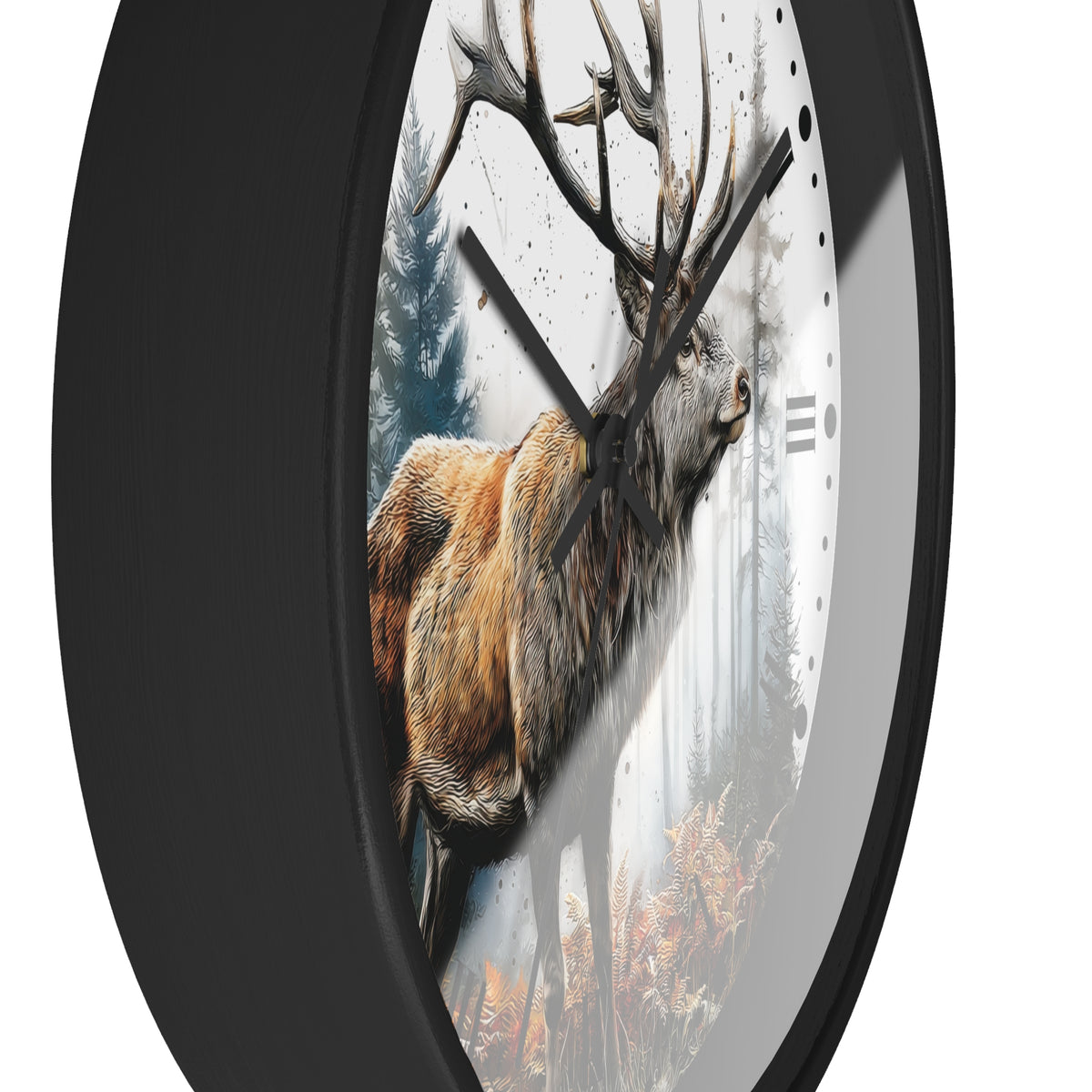 A round wall clock with a black frame and a printed deer in a misty forest design on the face, shown against a plain white background.
