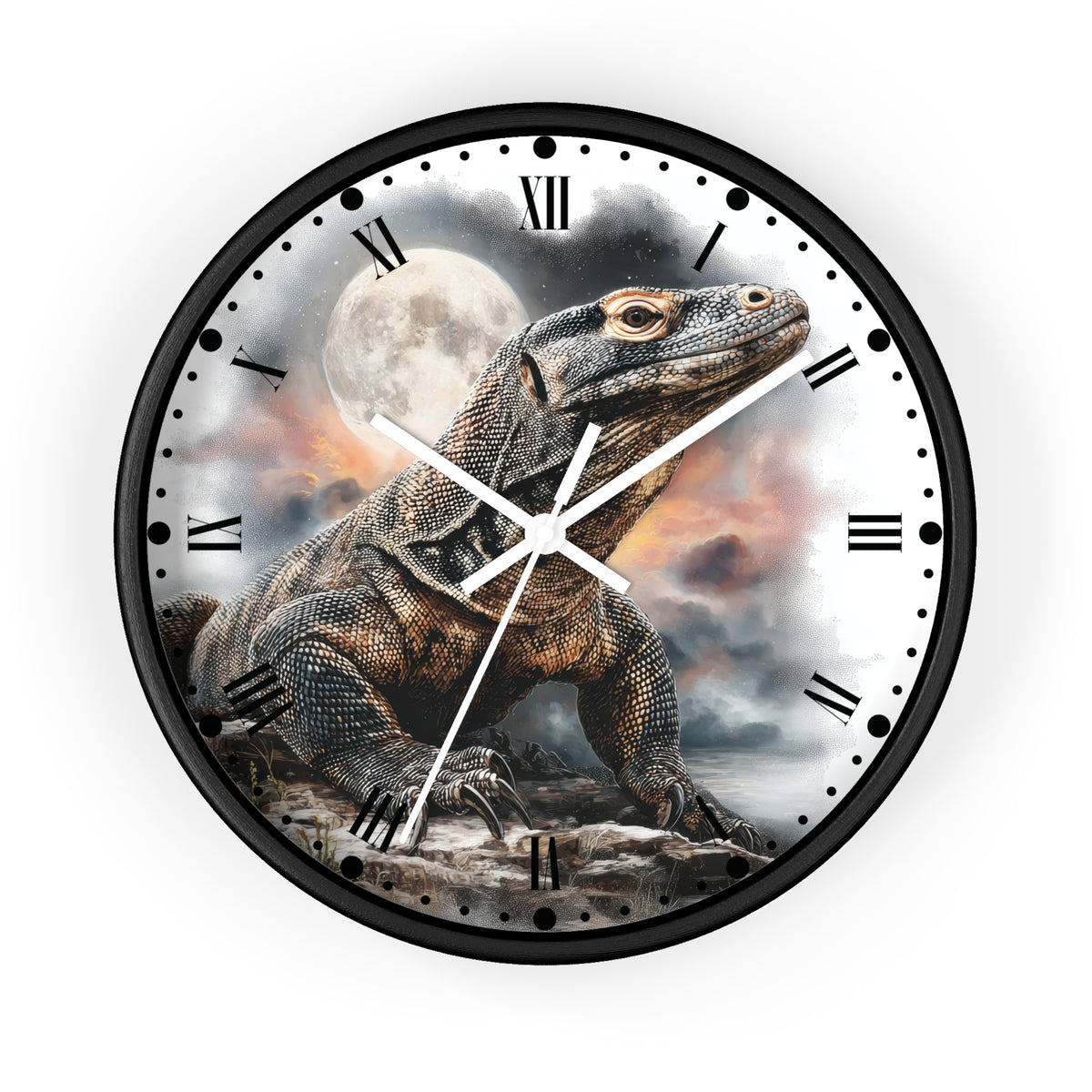 A round wall clock with a black frame and a printed lizard illustration on the face, featuring Roman numerals and white clock hands against a white background.