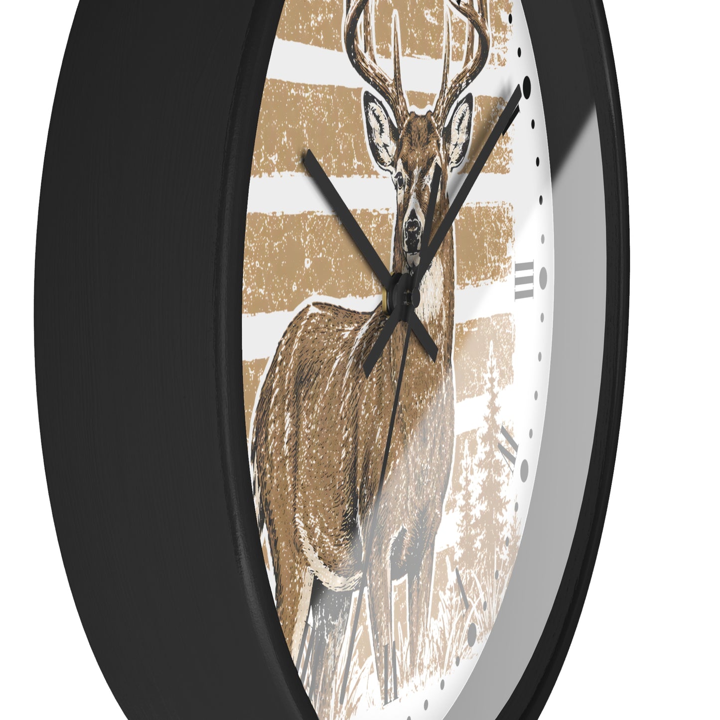 A close-up of a round wall clock with a black frame and a deer illustration on the face. The clock has a distressed beige and white background with a brown deer and black hands.