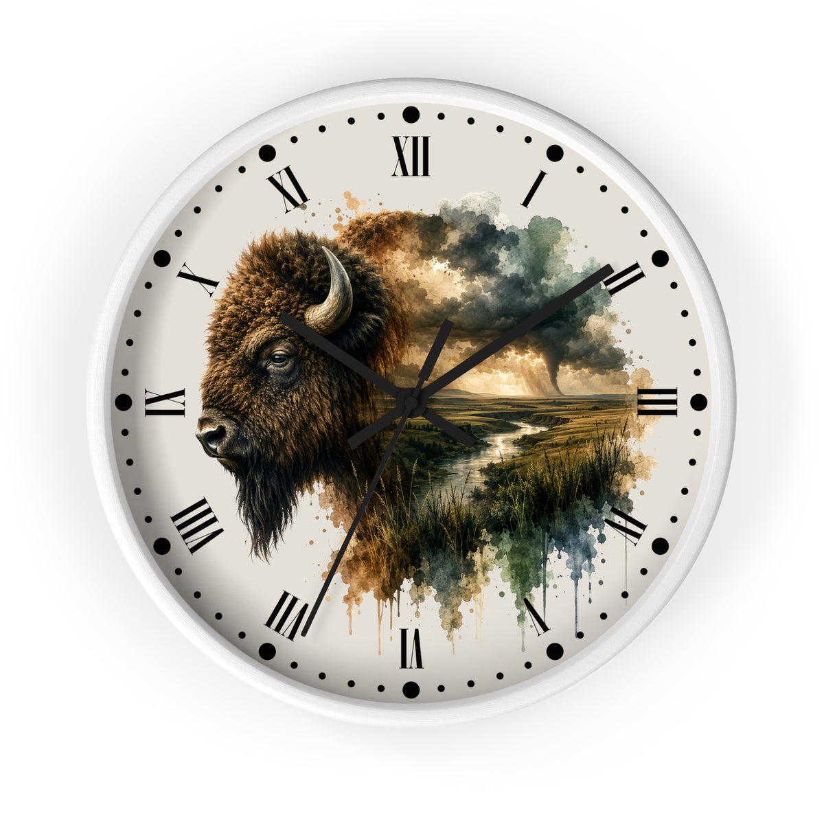 Buffalo Landscape Wall Clock — Rustic Prairie Bison Art