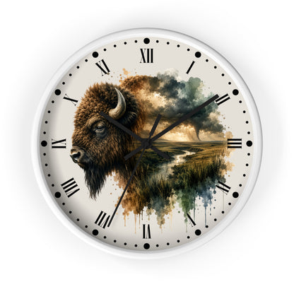 Buffalo Landscape Wall Clock — Rustic Prairie Bison Art