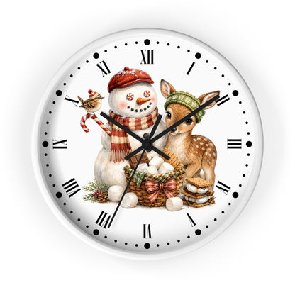 A round white wall clock with black Roman numerals and hour markers, featuring a festive Christmas illustration of a snowman in a red beret and scarf, a small bird, a deer in a green hat, and a basket of eggs.