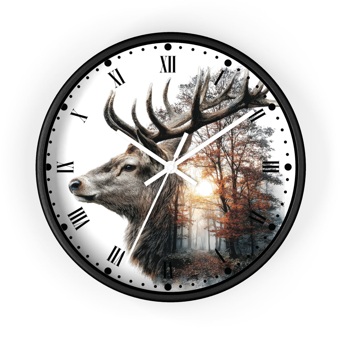 A round wall clock with a black frame and Roman numerals, featuring a printed design of a large deer head over a forest scene with autumn trees and a bright sunburst.