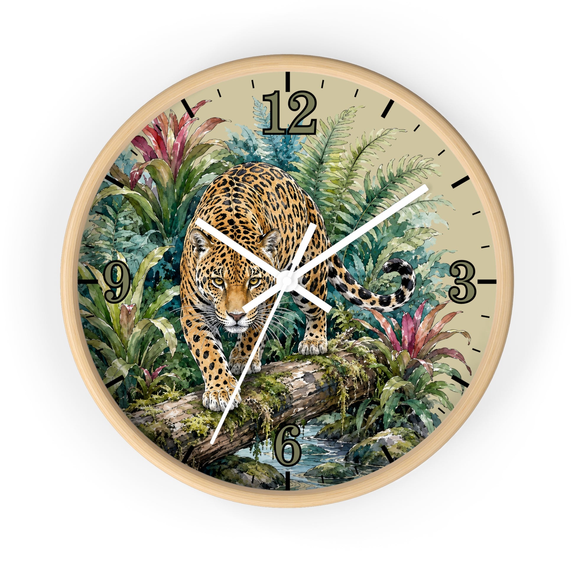 Round wall clock with a light wood frame and a tropical jungle illustration featuring a leopard walking over a log. The clock face has a beige background with black Arabic numerals and white clock hands.