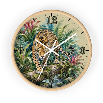 Round wall clock with a light wood frame and a tropical jungle illustration featuring a leopard walking over a log. The clock face has a beige background with black Arabic numerals and white clock hands.
