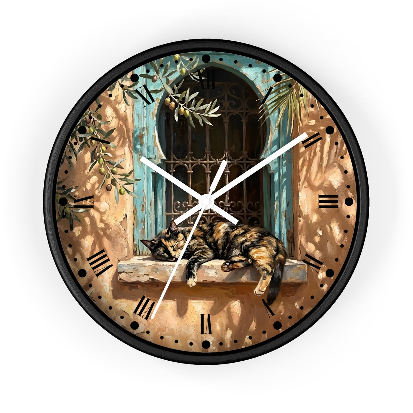 Mediterranean Torte Cat Wall Clock — Sleeping Calico Tabby Window Scene