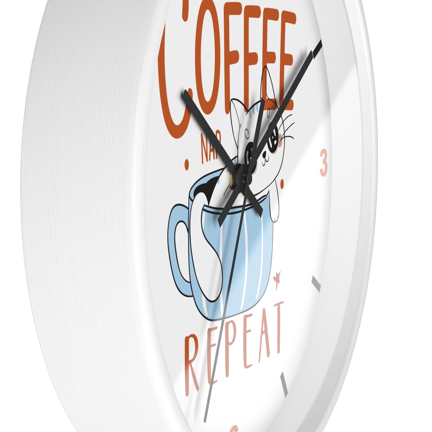 Coffee Nap Repeat Wall Clock | Cute Cat in Mug Kitchen Decor