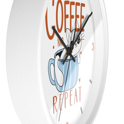 Coffee Nap Repeat Wall Clock | Cute Cat in Mug Kitchen Decor
