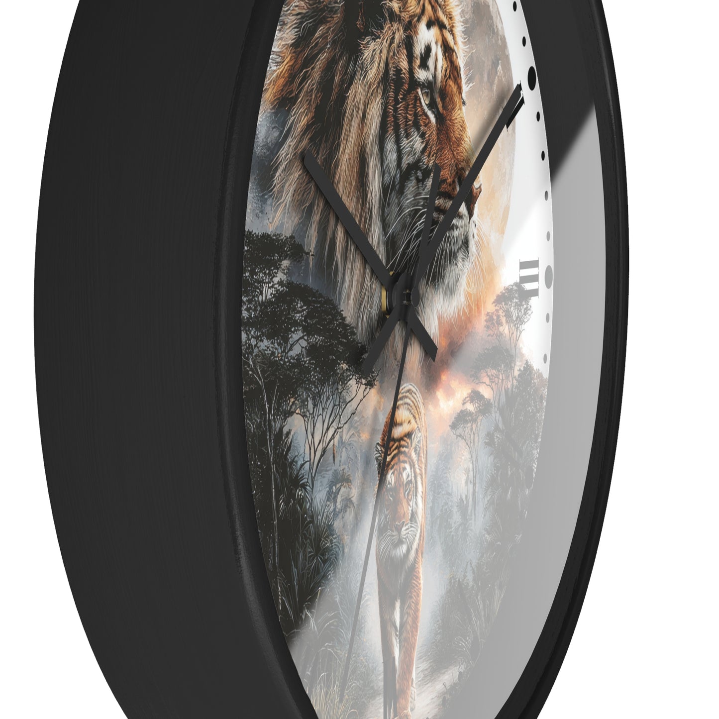 A round wall clock with a black frame and a printed design featuring a tiger in a misty forest scene, shown against a plain white background.