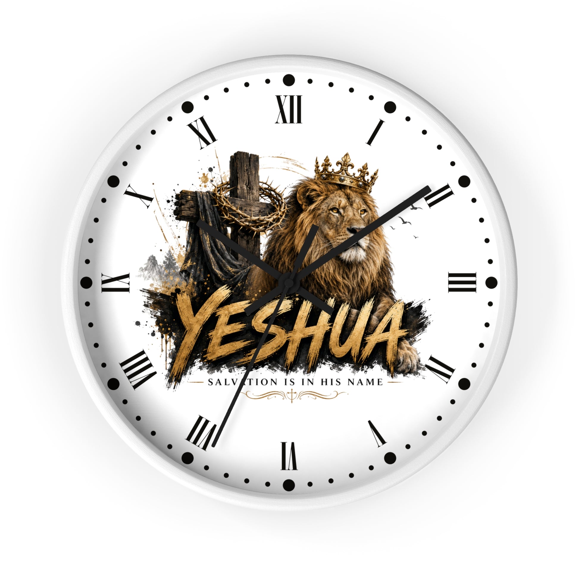 A round white wall clock featuring a graphic design with a crowned lion, a wooden cross wrapped in chains, and the word 'YESHUA' in large gold letters. Roman numerals and black clock hands are visible on the face, set against a plain white background.