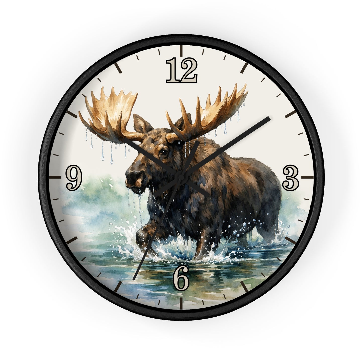 Round wall clock with a black frame and a printed moose in water scene on the dial, with black Arabic numerals and black hands on a white background.