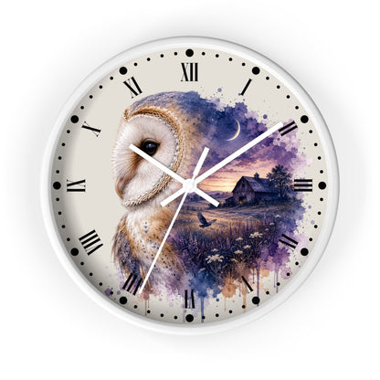 Round wall clock with a white frame and a printed owl illustration over a watercolor landscape at dusk. The clock face has Roman numerals and black dot hour markers, with white clock hands.